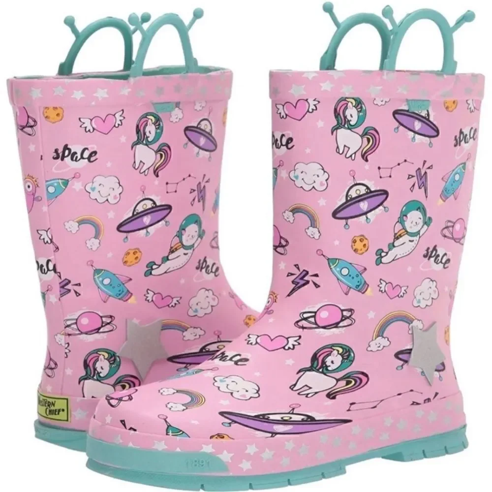 Western Chief Girls' Waterproof Rain Boots with EasyOn Handles Space Party Theme
